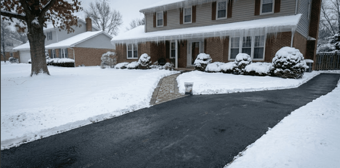 Cleared and salted driveway after snow plowing