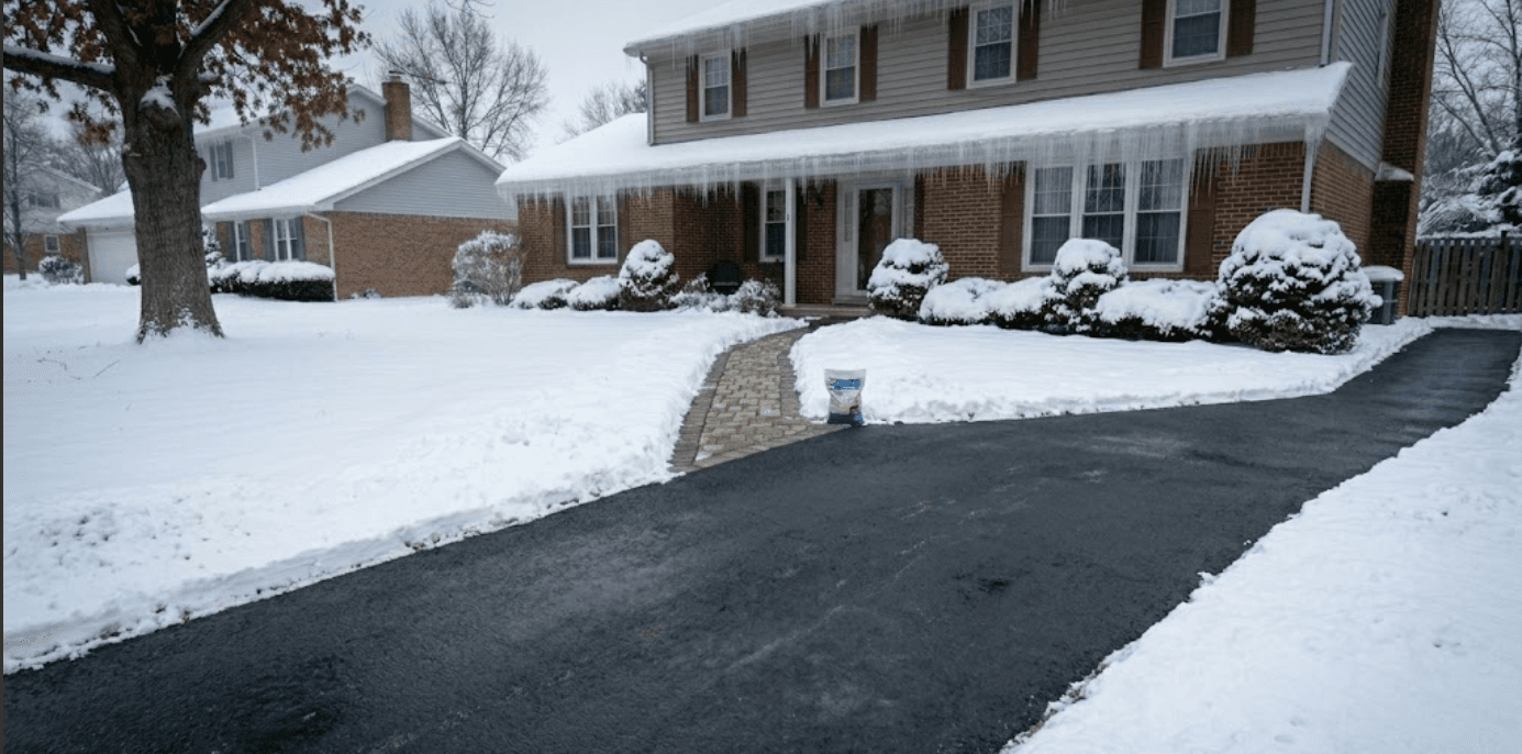 Cleared and salted driveway after snow plowing