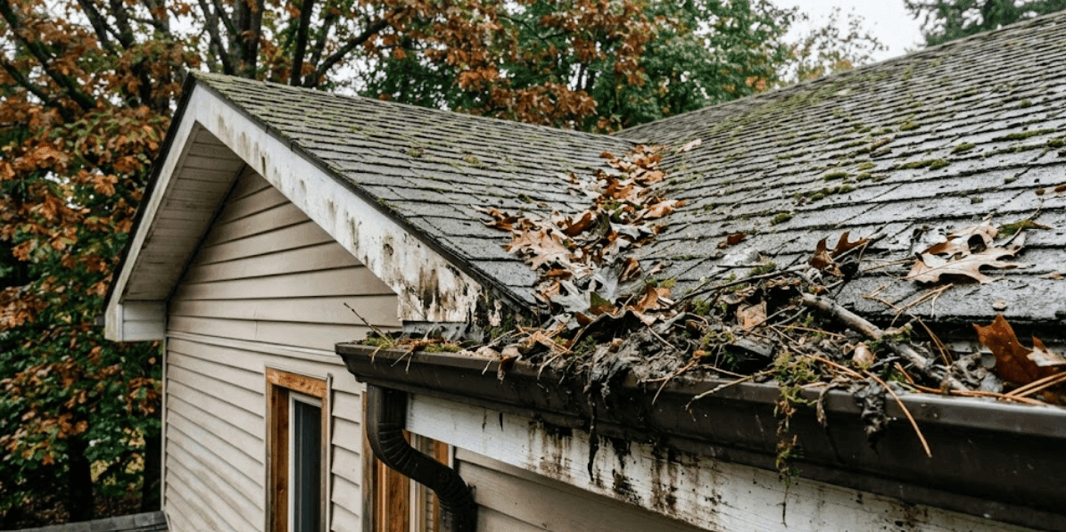 Clogged gutters before professional gutter cleaning