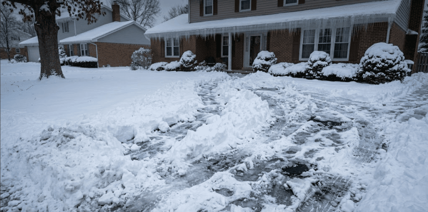 Snow-covered driveway before plowing and salting