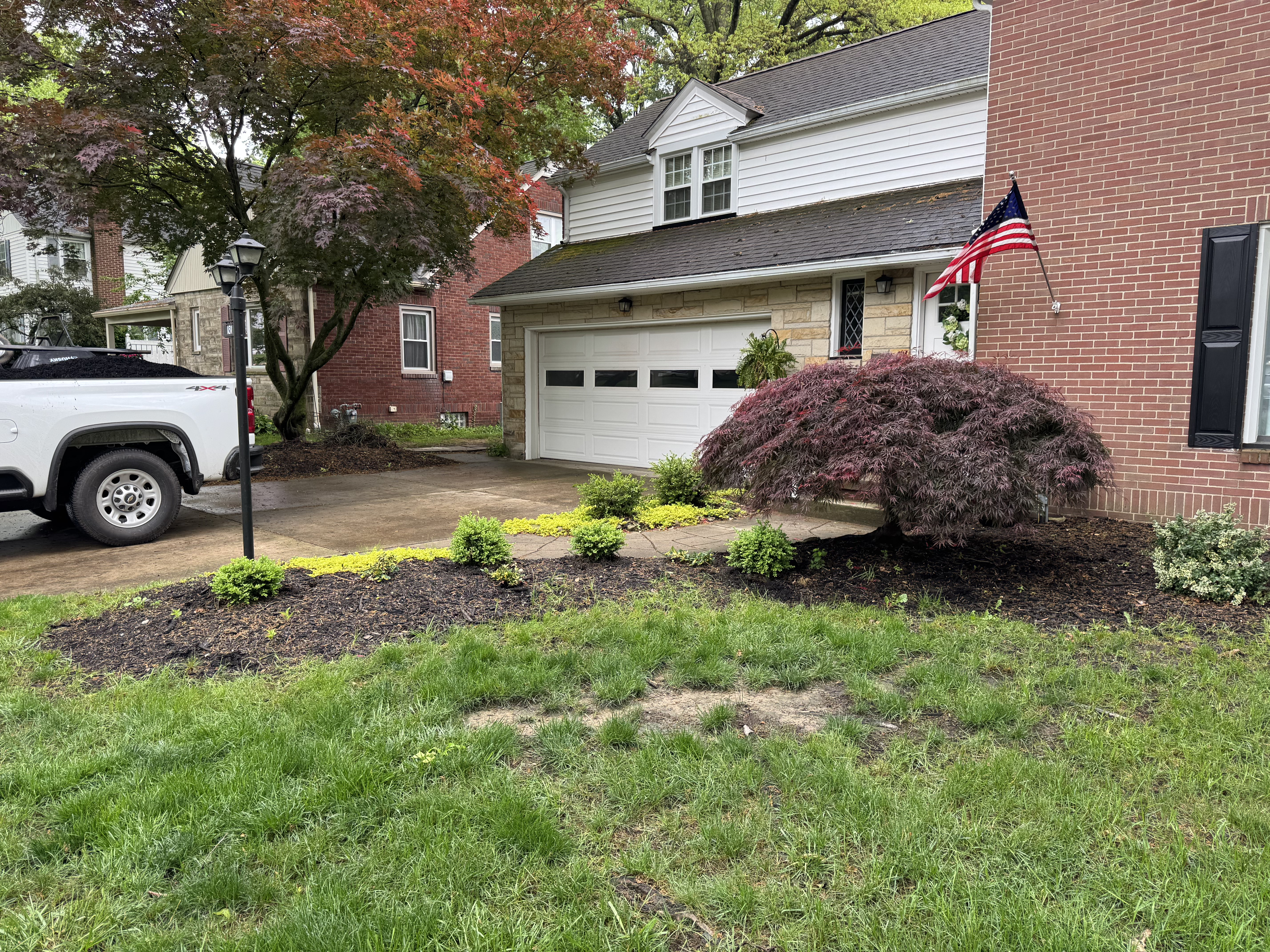 Worn mulch around shrubs before landscaping service